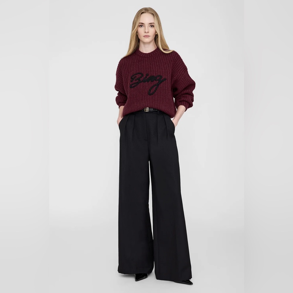 NWT Anine Bing SYDNEY LOGO WOOL BLEND RIB KNIT SWEATER IN BURGUNDY Size Small